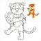 Coloring book with an example for children where a tiger with a globe and a backpack goes to school. Tiger cub in cartoon style