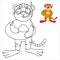 Coloring book with an example for children where a tiger in a mask for swimming with an inflatable ring. Tiger cub in cartoon