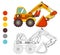 Coloring book excavator truck, kids layout for game.