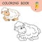 Coloring book with fun character Lamb. Colorless and color samples young sheep on coloring page for kids. Coloring design
