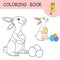 Coloring book with funny cartoon easter Bunny and eggs. Colorless and color samples of Rabbit and Easter eggs. Happy Easter.