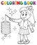 Coloring book girl with paper lantern