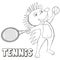 Coloring book hedgehog plays tennis. Cartoon style.
