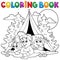 Coloring book kids camping in forest