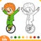 Coloring book for kids, Clown boy rides a unicycle