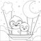 Coloring book for kids. Cute Penguin Riding On Flying Boat At Night