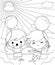 Coloring book for kids. Happy Cute Little Kids Playing Balloon In the Garden Cartoon Illustration