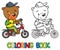 Coloring book of little funny bear on bicycle