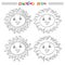 Coloring book or page with a collection of four smiling suns with different rays.