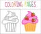 Coloring book page. Cupcakes, cake. Sketch and color version. Coloring for kids. Vector illustration