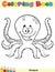 Coloring Book Page With Happy Octopus Cartoon Mascot Character