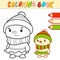 Coloring book or page for kids. Christmas snowman black and white vector