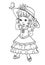 coloring book page with little baby girl in a summer hat and pretty dress