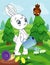 Coloring book page for preschool children with colorful background and sketch bunny for coloring