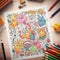 Coloring book page with simple fun happy doodle creatures