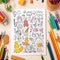 Coloring book page with simple fun happy doodle creatures