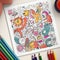 Coloring book page with simple fun happy doodle creatures