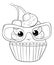 A coloring book,page a tasty cake with sunglasses image for relaxing activity.