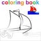 Coloring book page template with a boat under sail, for kids