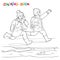 Coloring book or page. Two joyful boys running along the puddles of paper boats.