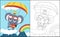 Coloring book vector of elephant with frog skydiving on mountains and rainbow background