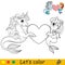 Coloring cartoon cute mermaid and seahorse holds a heart