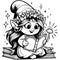 Coloring enchantress girl, gnome reading a book in pajamas. Printable black and white. Generative ai.