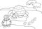 Coloring page. Arctic landscape with Eskimo in national clothes, igloo and stylized polar bear