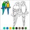 Coloring page birds. A pair of cute parrots yellow macaw sits and smiles