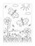 Coloring page with butterflies, flowers, sun, grass