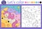 Coloring page for children with cute unicorn sleeping on moon. Vector fairytale outline illustration. Fantasy color book for kids