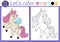 Coloring page for children with cute unicorn with wings. Vector fairytale outline illustration. Fantasy color book for kids with