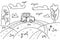 Coloring page for children. Landscape with hills, clouds, fields, trees, car and birds. Vector hand drawn illustration