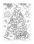 Coloring page with christmas tree, snowman, gift