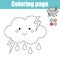 Coloring page with cute cloud character. Educational game, printable drawing kids activity