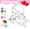 Coloring page with cute Cupid with bow and arrow. Cartoon Valentine angel. St valentine`s day drawing game. Printable activity fo