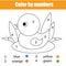 Coloring page with duck bird. Color by numbers educational children game, drawing kids activity