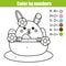 Coloring page with Easter bunny character. Color by numbers math educational children game, drawing kids activity. rabbit in buske