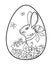 Coloring page - easter egg. Easter egg with cute, beautiful rabbit, flowers and butterflies, - vector linear picture for coloring.