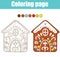 Coloring page. Educational children game. Color gingerbread house cookie. Printable activity page for kids. New year and Christmas