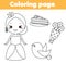 Coloring page. Educational children game. Princess theme. Drawing kids printable activity.