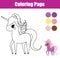 Coloring page. Educational children game. Unicorn, fairy pony. Drawing kids printable activity.