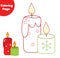 Coloring page. Educational game for children. Color candles. Drawing kids printable activity. Christmas and New Year holidays