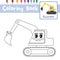 Coloring page Excavator cartoon character side view vector illustration