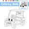 Coloring page Golf Cart cartoon character perspective view vector illustration