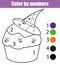 Coloring page with Halloween cupcake. Color by numbers educational children game, drawing kids activity