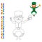 Coloring page with joyful jumping leprechaun with beer