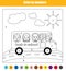 Coloring page with kids in school bus. Color by numbers children educational game, back to school theme