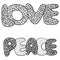 Coloring page with love and peace word