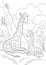 Coloring page. Mother giraffe with long neck lays with her little cute baby and smiles